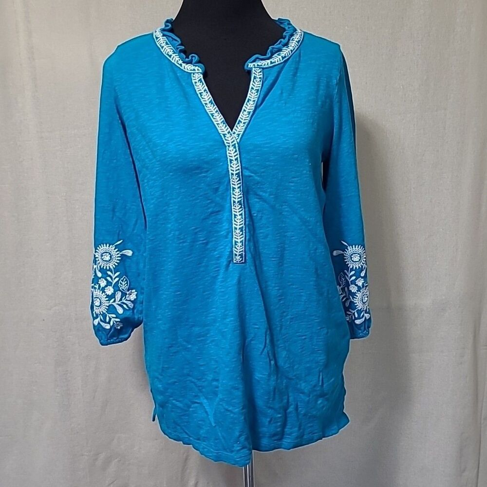 Talbots Blouse Top Womens Size Small Embroidered Blue Teal V Neck 3/4 Sleeve